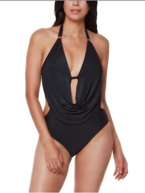 Bar III Black Halter Draped Cowl One-Piece Swimsuit